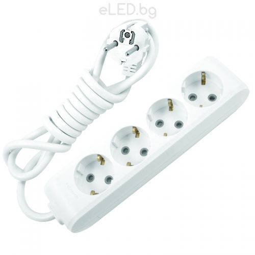  4xGang Socket 2P+E X-Tendia, With Child Protection, with Cord, White
