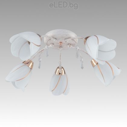 Chandelier TULIP 5xE14 230V Glass / Metal Golden and White color 
