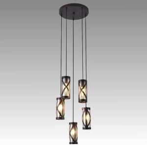 OBERON pendant light with 5 x E14 bulbs, Brown metal / Amber glass