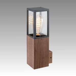 Facade lighting unit WALES 1 x E27, Oak, aluminum / Transparent glass