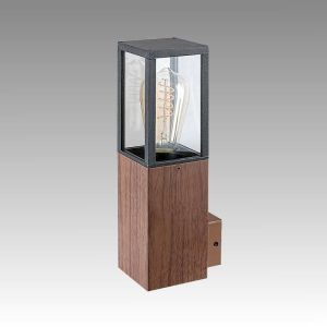 Facade lighting unit WALES 1 x E27, Oak, aluminum / Transparent glass